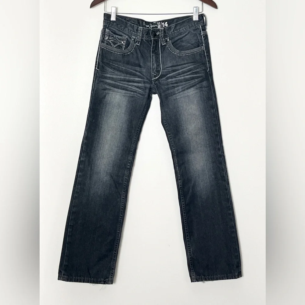 Pepe Jeans Boys Jeans 14 28x28.5 Dark Wash Denim Leather Trim Studded Distressed